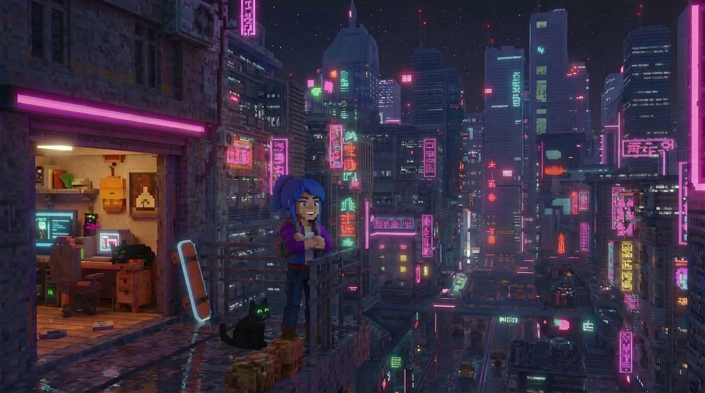 Maya looks out from her balcony over Neon City at night